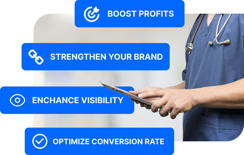 Plastic surgeon holding a tablt with benefits of SEO: boost profits, strenghten your brand, enhance visibility, and optimize conversion rate - Copify Digital Marketing Agency
