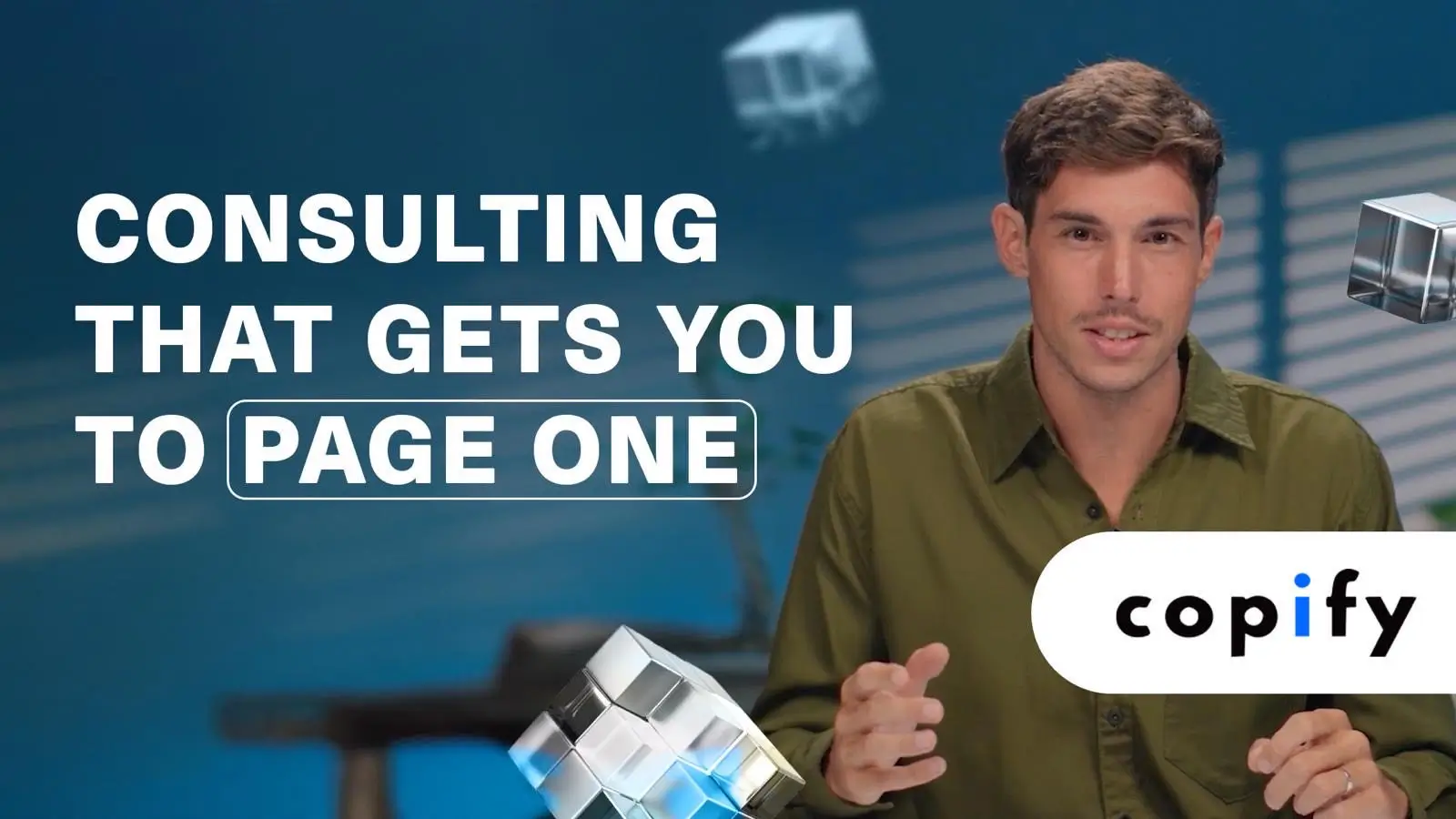 Specialist explaining PPC consulting benefits, with the title "Consulting that gets you to page one" and Copify logo.