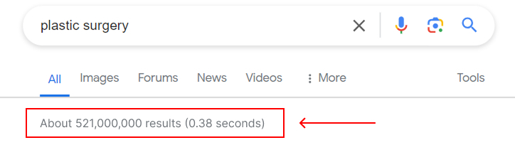 Google search results for ''plastic surgery'' showing Copify Digital Marketing Agency expertise in plastic surgery SEO