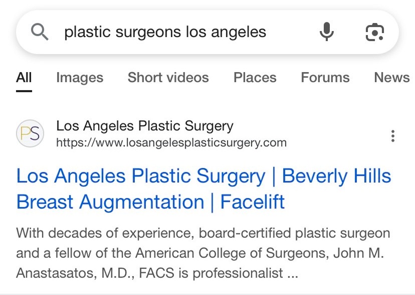 Google search result for Los Angeles Plastic Surgery, used by Copify Digital Marketing Agency to showcase SEO marketing success for plastic surgeons