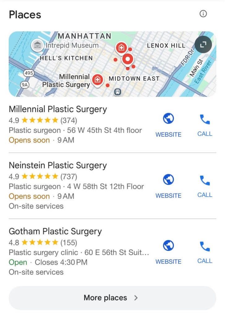 Google Maps search results for top plastic surgery clinics in Manhattan, used by Copify Digital Marketing Agency to showcase local SEO success