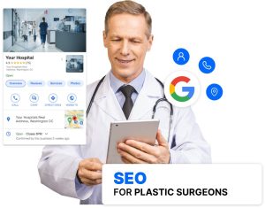 Plastic surgeon holding a tablet next to a Google Business Profile screenshot showing clinic location and local SEO results, with Google logo and 'SEO for Plastic Surgeons' text - Copify Digital Marketing Agency
